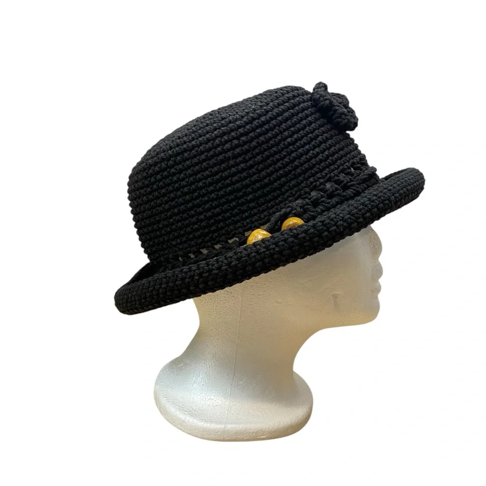 Rico International Women size Small Black Crochet Knit Hat Flower Bead Detail